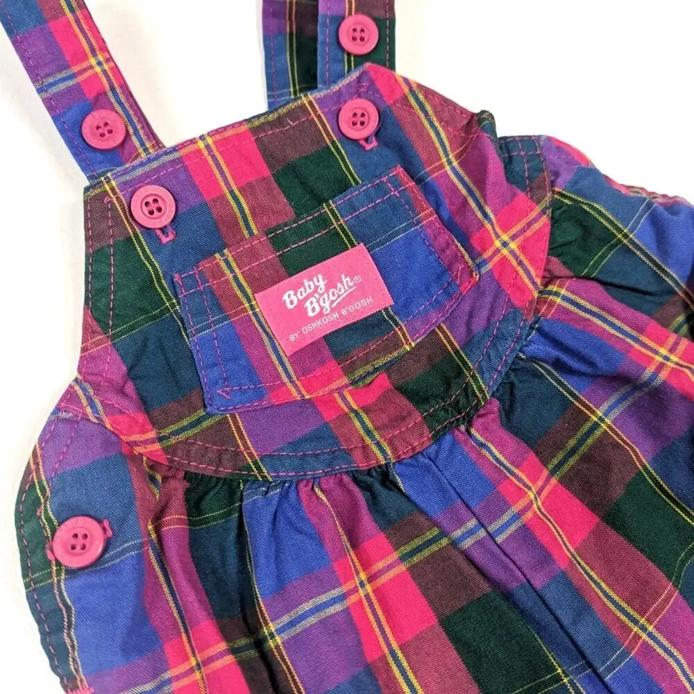 Vtg Oshkosh Bgosh Overalls 90s Baby Girls Sz 6-9m Rainbow Plaid
